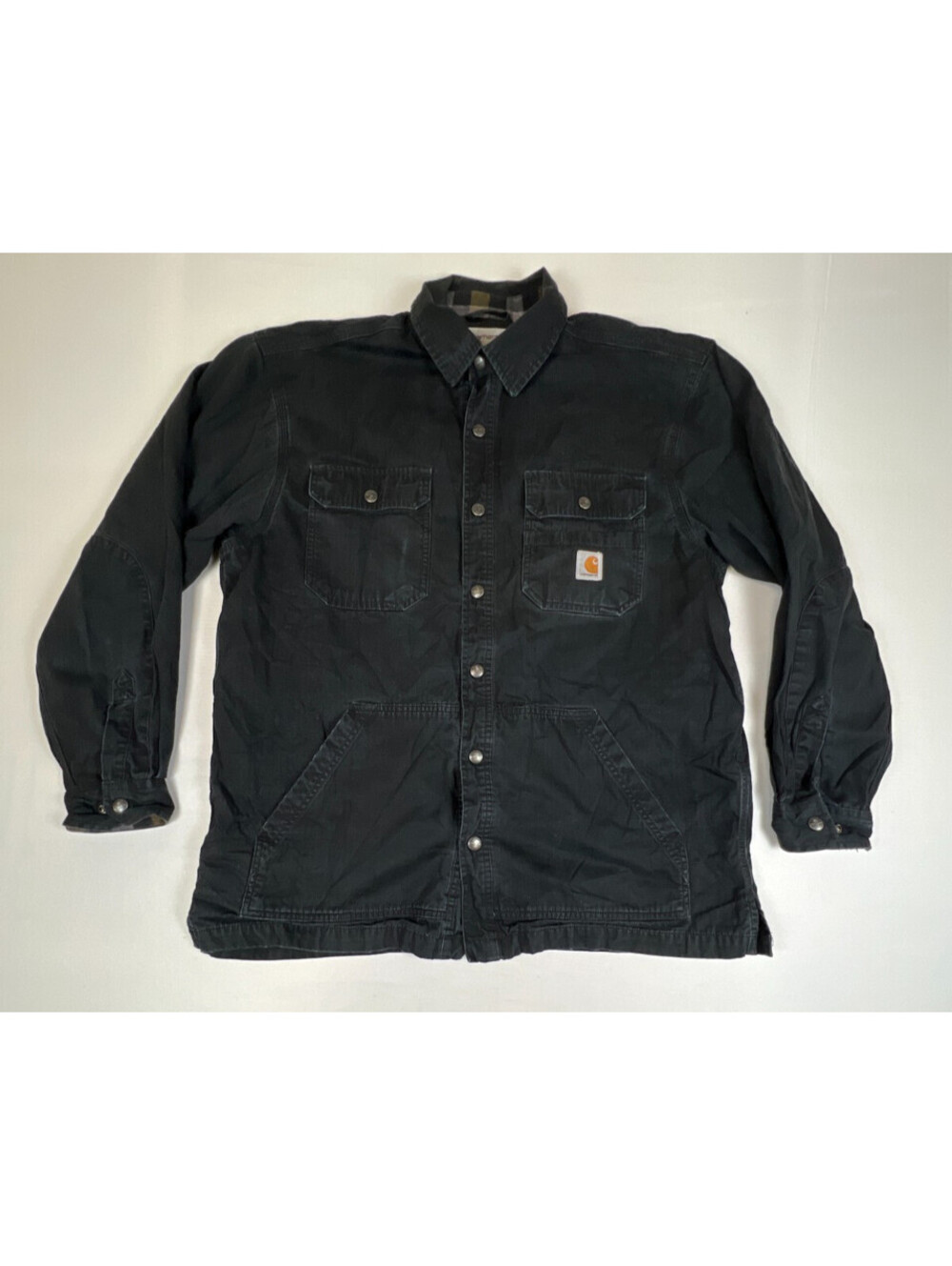 Carhartt Men L Black Flannel Lined Ripstop Snap Shirt Jacket Workwear